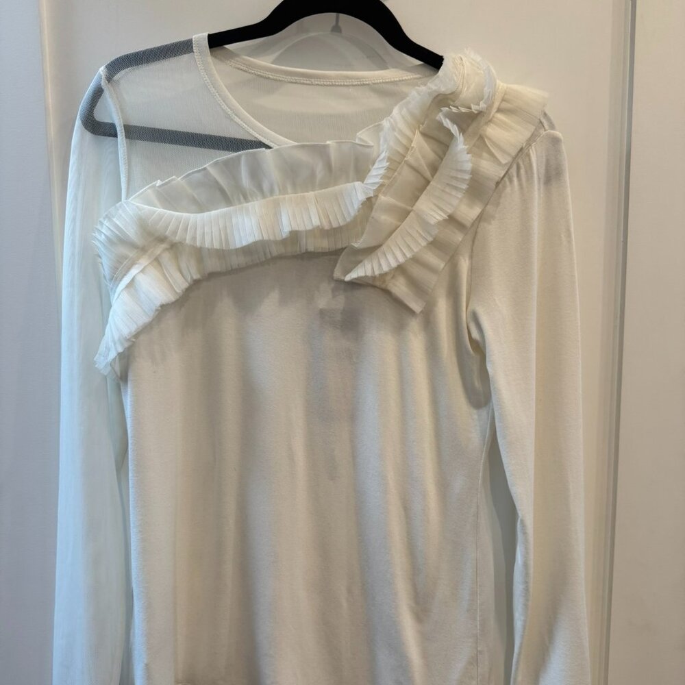 New BCBG Alyne Off White Ruffle Mesh Top